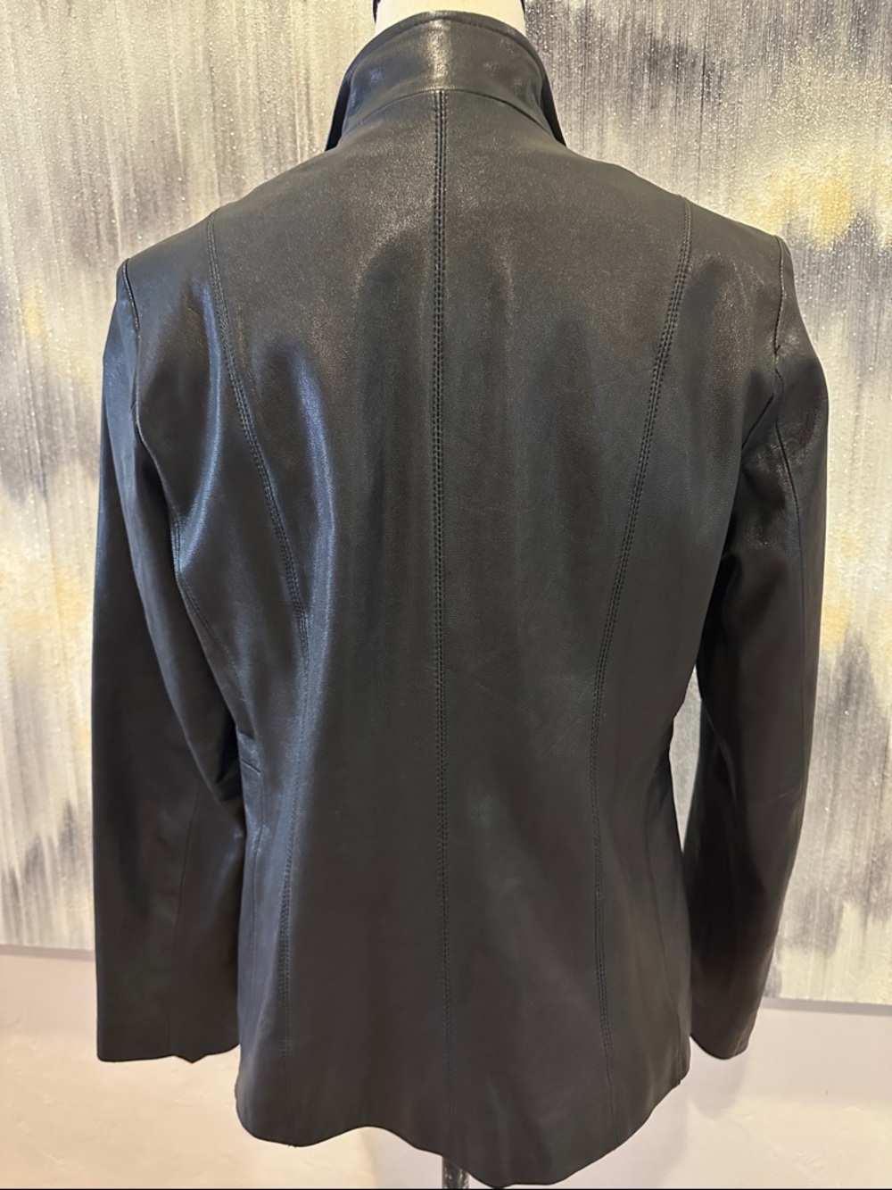 Cole Haan Black Leather Zip-Front Jacket with Stand Collar - Picture 2 of 5